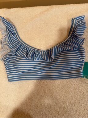 Oasis Blue and White Striped Ruffle Bikini Top